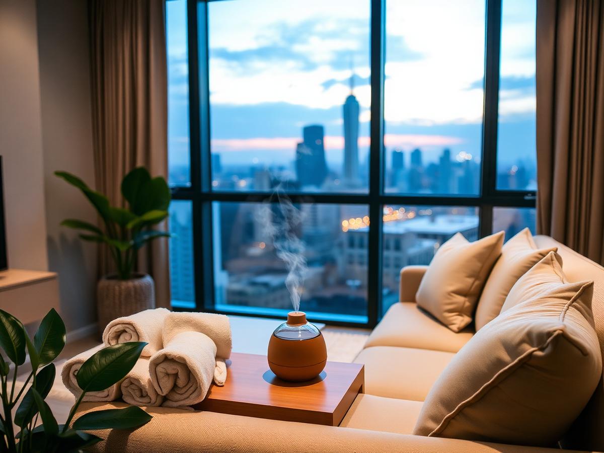 Ruang tamu apartemen Jakarta dengan handuk gulung dan diffuser aromaterapi