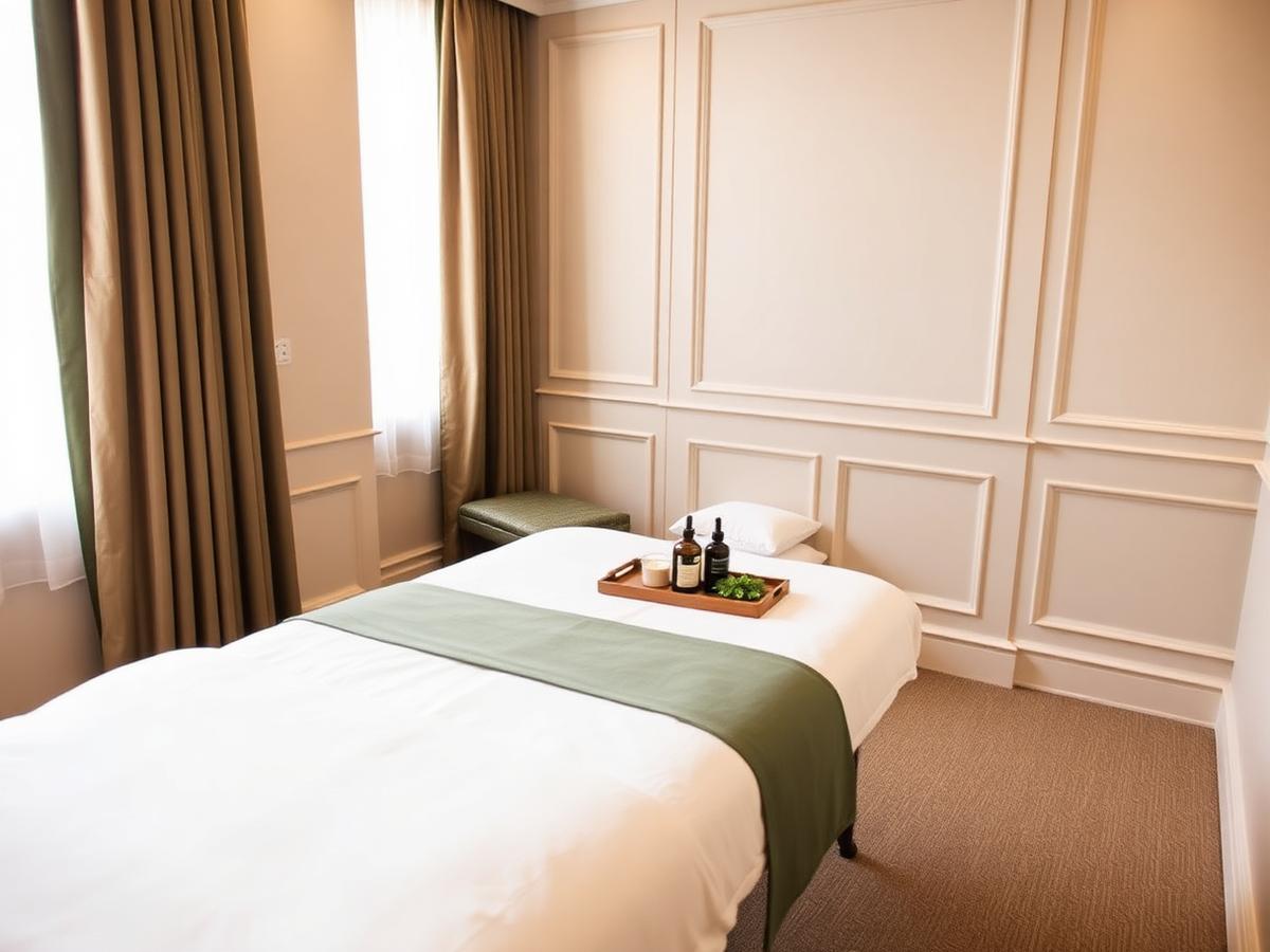 Kamar hotel elegan yang disiapkan untuk sesi pijat in-room