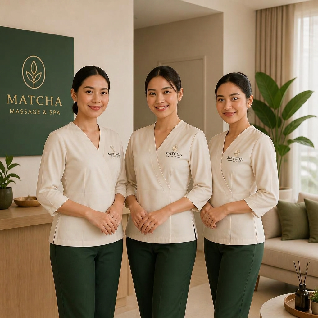 Tim terapis profesional Matcha Massage & Spa dalam seragam rapi siap melayani di Jakarta